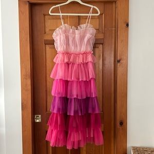 Bradshaw Monochromatic Tulle Tiered Midi Dress - Pink Multi - Extra Small